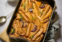 Vegan Toad in the Hole: Savory Plant-Based Sausages in Yorkshire Pudding