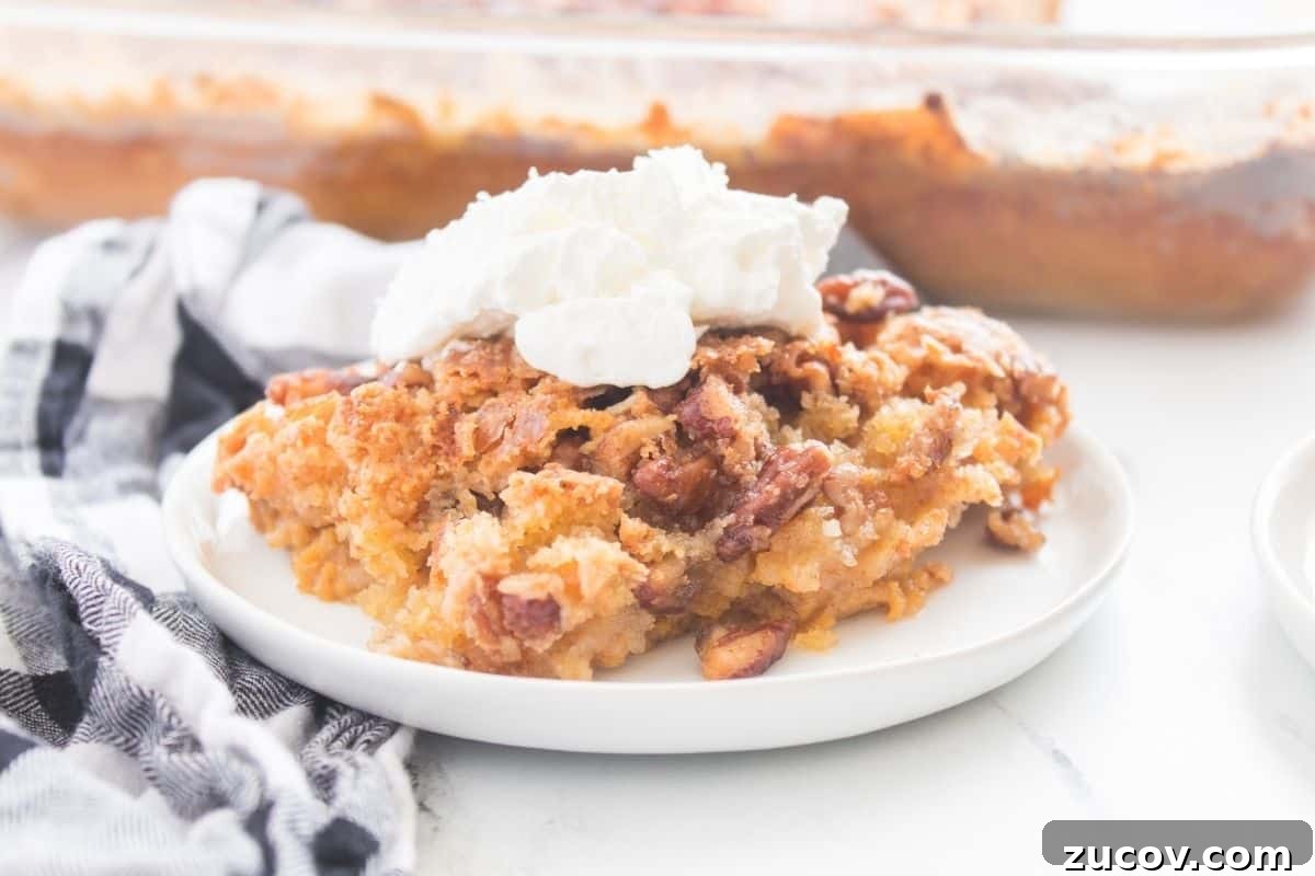 33 Irresistible Fall Desserts That Defy Portion Control 12 A slice of Pumpkin Crunch Cake on a white plate, topped with whipped cream, with a checkered cloth beside it and a baking dish in the background.