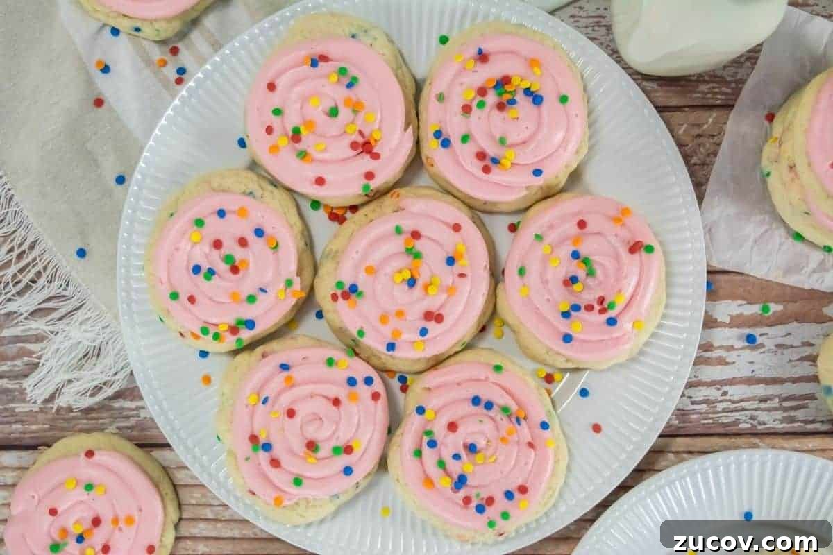 33 Irresistible Fall Desserts That Defy Portion Control 15 A plate of Copycat Crumbl Confetti Cake Cookies topped with pink frosting and multicolored sprinkles sits on a wooden table.
