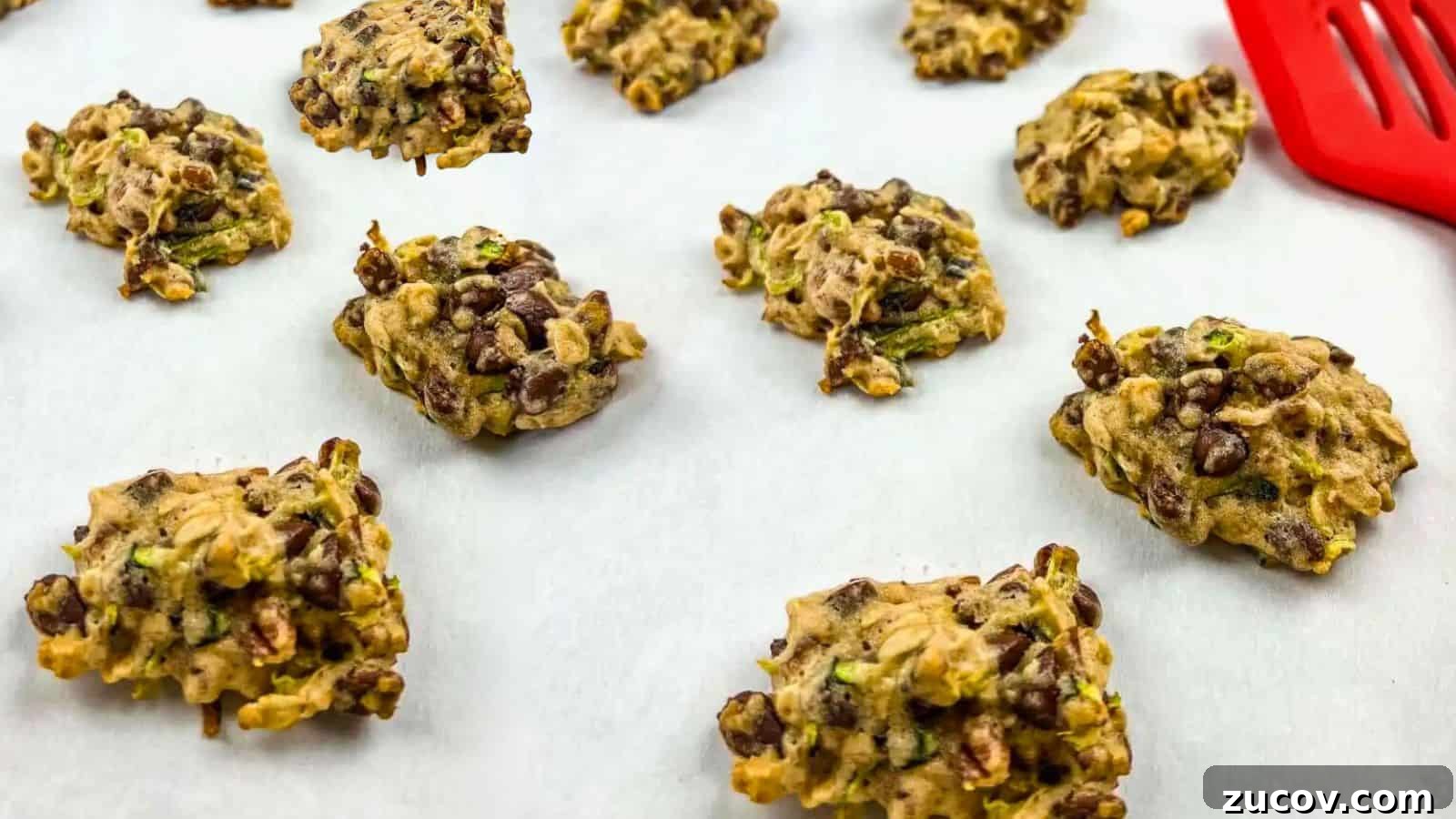 33 Irresistible Fall Desserts That Defy Portion Control 29 A batch of Zucchini cookies with chocolate & pecan on a parchment-lined baking sheet.