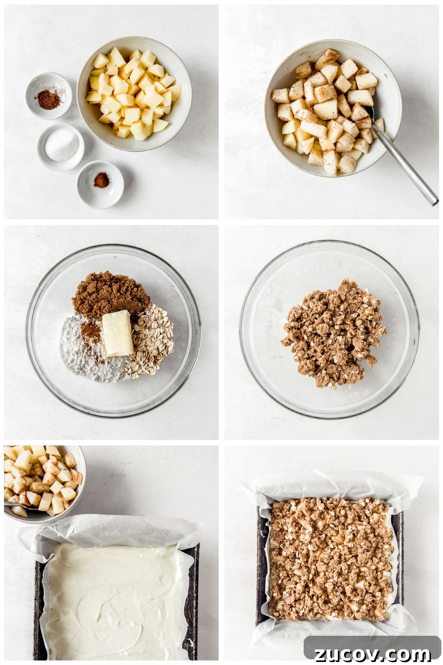 Apple Cheesecake Bars Recipe with Cinnamon Streusel 5 photo collage demonstrating how to make apple filling and streusel topping for apple cheesecake bars