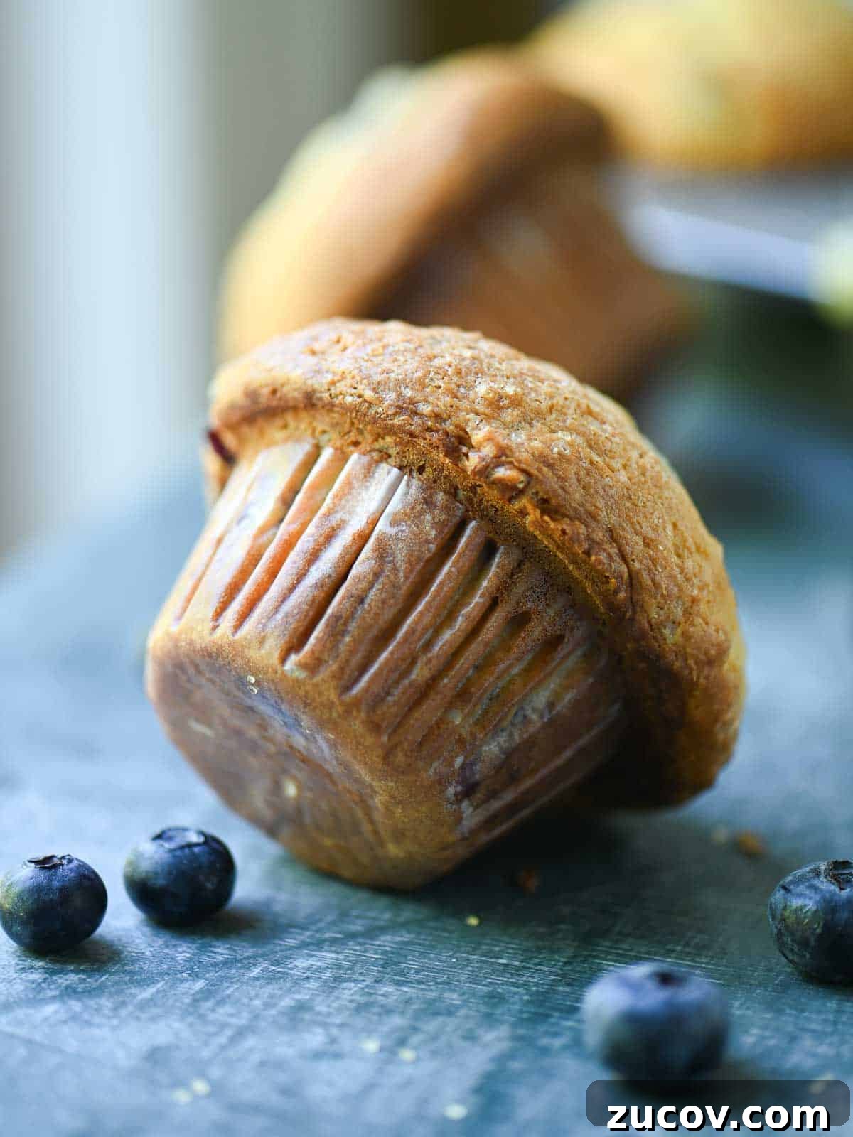 Bakery-Style Blueberry Lemon Muffins Recipe for Moist, Zesty Muffins 3 A blueberry muffin shown on its side, highlighting the domed top.