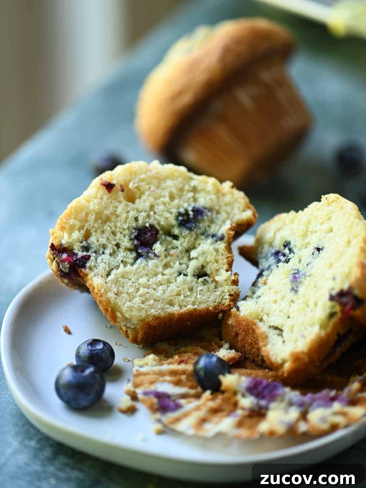Bakery-Style Blueberry Lemon Muffins Recipe for Moist, Zesty Muffins 9 A blueberry muffin sliced in half, showing the texture on a white plate.