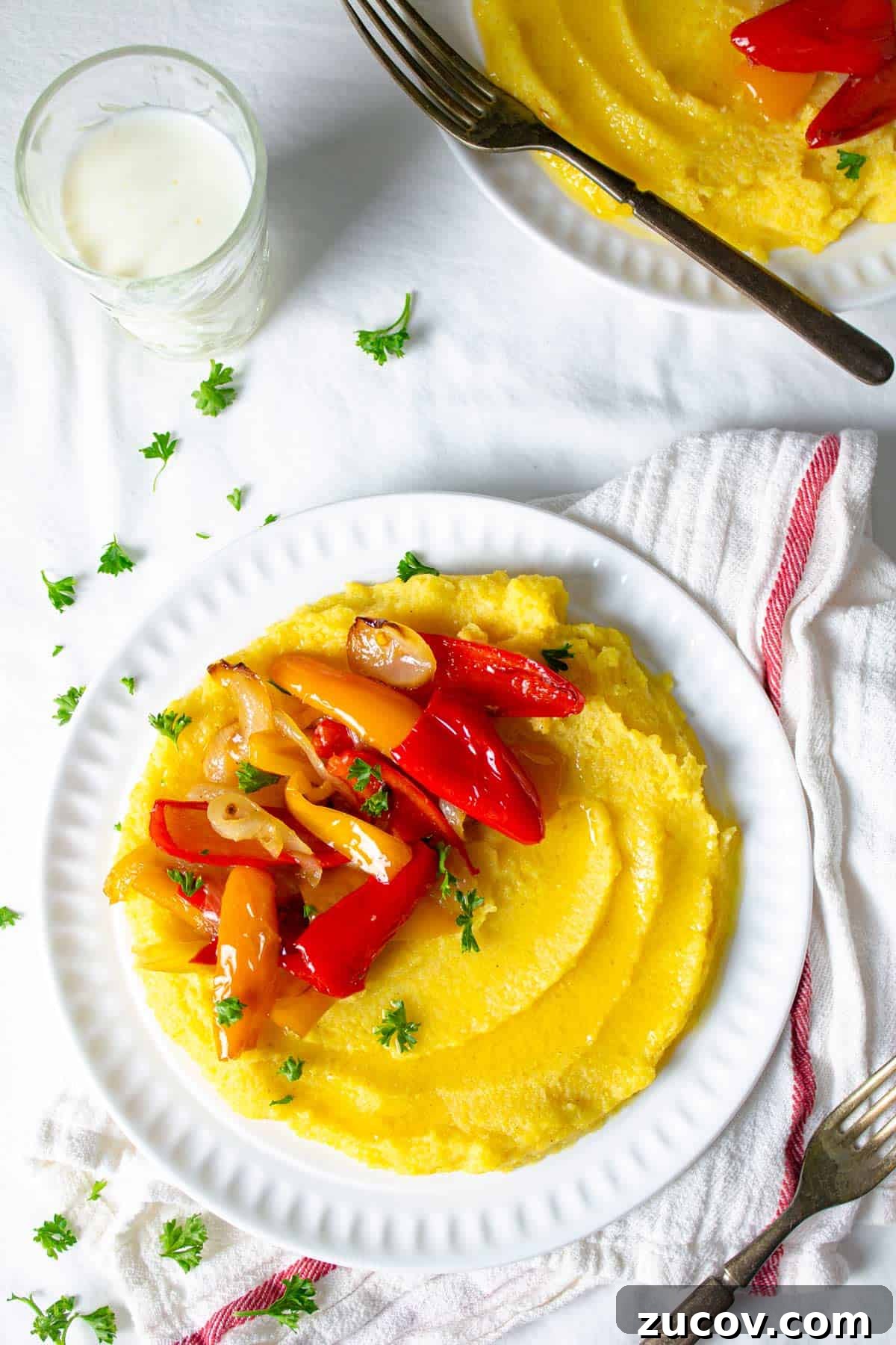 Creamy Polenta with Caramelized Onions and Sautéed Peppers 8 Servings of soft polenta with sautéed onions and peppers topping.