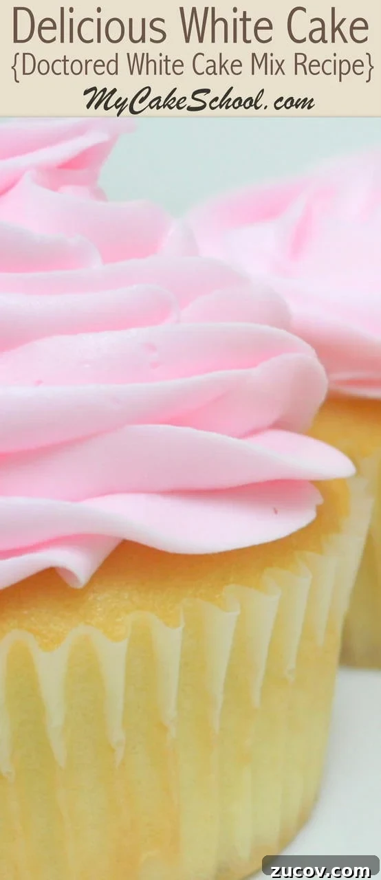 Delicious White Cake (Doctored Cake Mix) Recipe by MyCakeSchool.com! So simple and perfect for cakes and cupcakes! Delicious White Cake (Doctored Cake Mix) Recipe by MyCakeSchool.com.