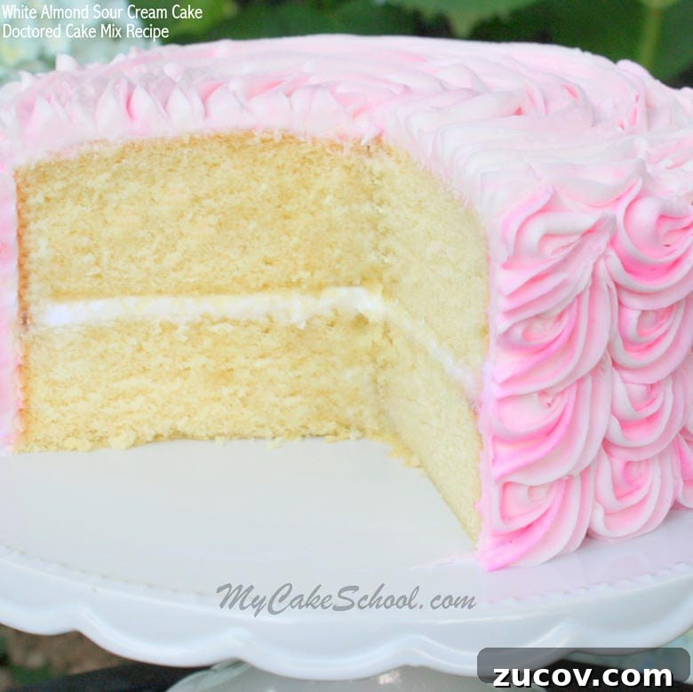 White Almond Sour Cream Cake Doctored Cake Mix Recipe by MyCakeSchool.com! Delicious and Simple White Almond Sour Cream Cake (Doctored Cake Mix) Recipe! So moist and delicious! MyCakeSchool.com.