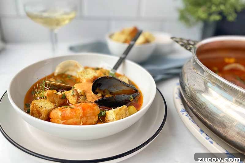 Prawns vs Shrimp: Key Differences, Uses, and How to Tell Them Apart 8 Horizontal image of a white bowl filled with a shellfish soup next to a plant, a glass of white wine, and bowls of more stew and bread cubes.