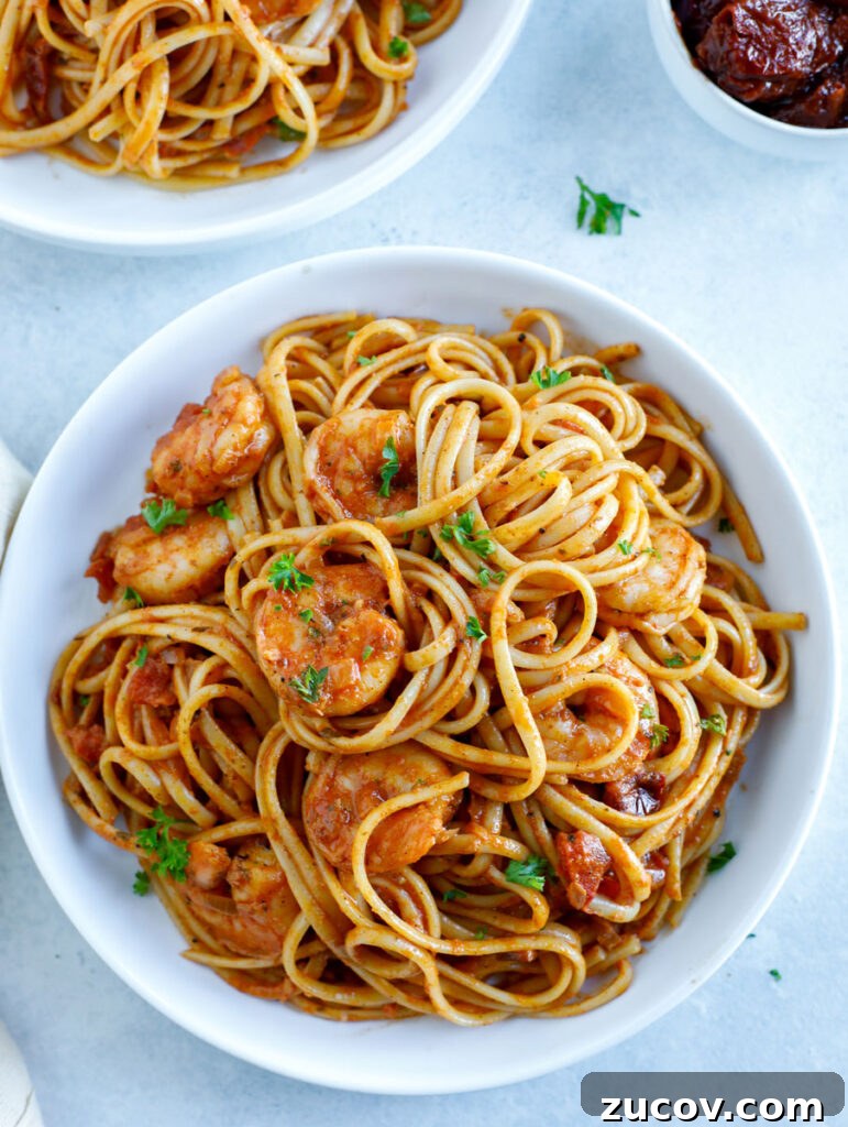 Creamy Spicy Shrimp Pasta with Garlic and Chili Oil 2 Overhead shot of spicy shrimp pasta.