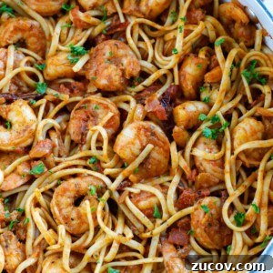 Creamy Spicy Shrimp Pasta with Garlic and Chili Oil 6 Overhead shot of spicy shrimp pasta in a skillet.