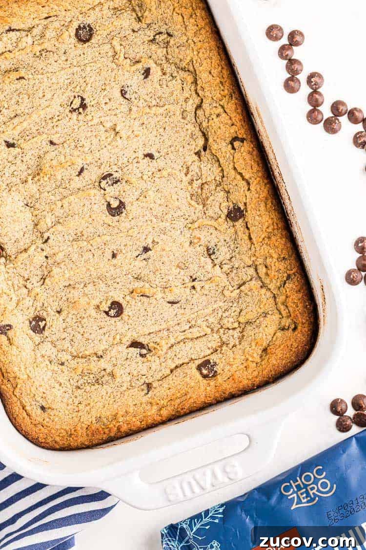 Keto Peanut Butter Chocolate Chip Cookie Recipe 2 overhead view of keto peanut butter chocolate chip cookies in a white casserole dish