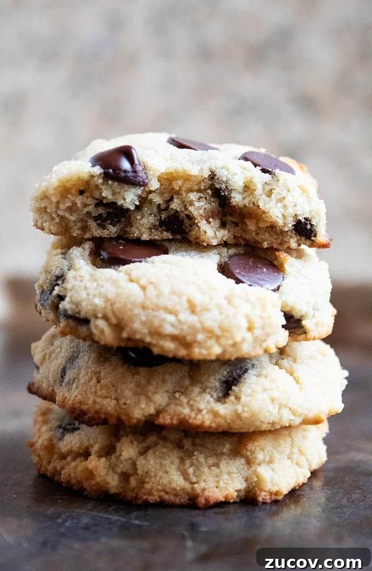 Keto Peanut Butter Chocolate Chip Cookie Recipe 12 stack of keto chocolate chip cookies