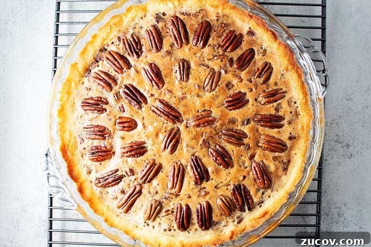 Keto Peanut Butter Chocolate Chip Cookie Recipe 17 overhead view of a keto pecan pie on a cooling rack