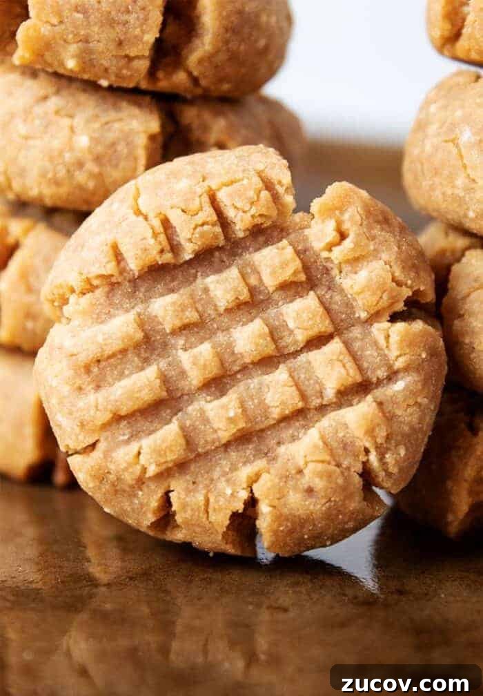 Keto Peanut Butter Chocolate Chip Cookie Recipe 6 stack of keto peanut butter cookies on cookie sheet