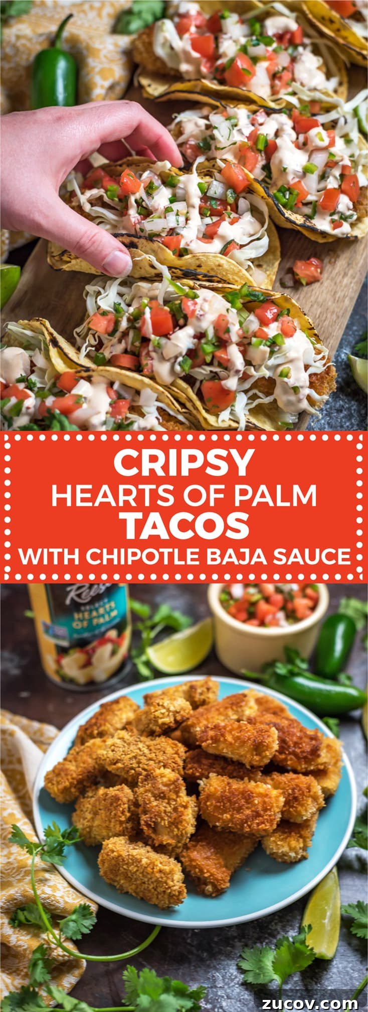 Crispy Hearts of Palm Tacos with Smoky Chipotle Baja Sauce 3 Crispy Hearts of Palm Tacos with Chipotle Baja Sauce. Have you ever tried hearts of palm in a taco before? They’re flavorful, tender on the inside and crisp on the outside, easy to make, vegetarian and vegan friendly, and they taste *fantastic*. Check out the recipe and how-to video! | hostthetoast.com