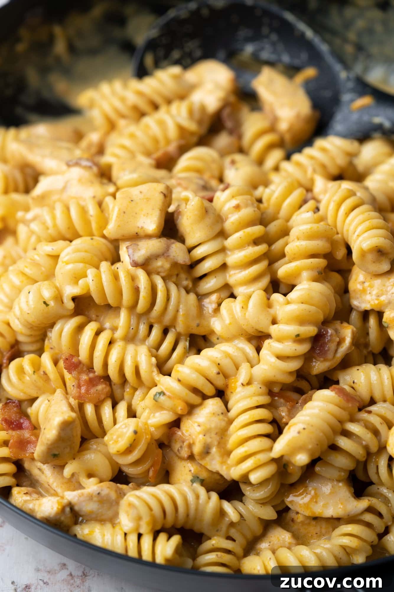 Creamy Chicken Bacon Ranch Pasta Recipe for Weeknight Dinners 3 Close view of cheesy saucy chicken pasta made with flavors of ranch seasoning and bacon.