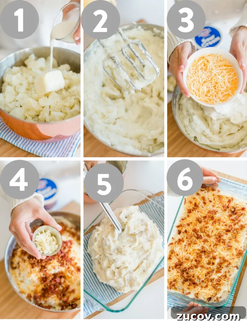 Creamy Loaded Mashed Potato Casserole with Bacon and Cheddar 5 Collage of 6 images showing how to make Loaded Mashed Potato Casserole