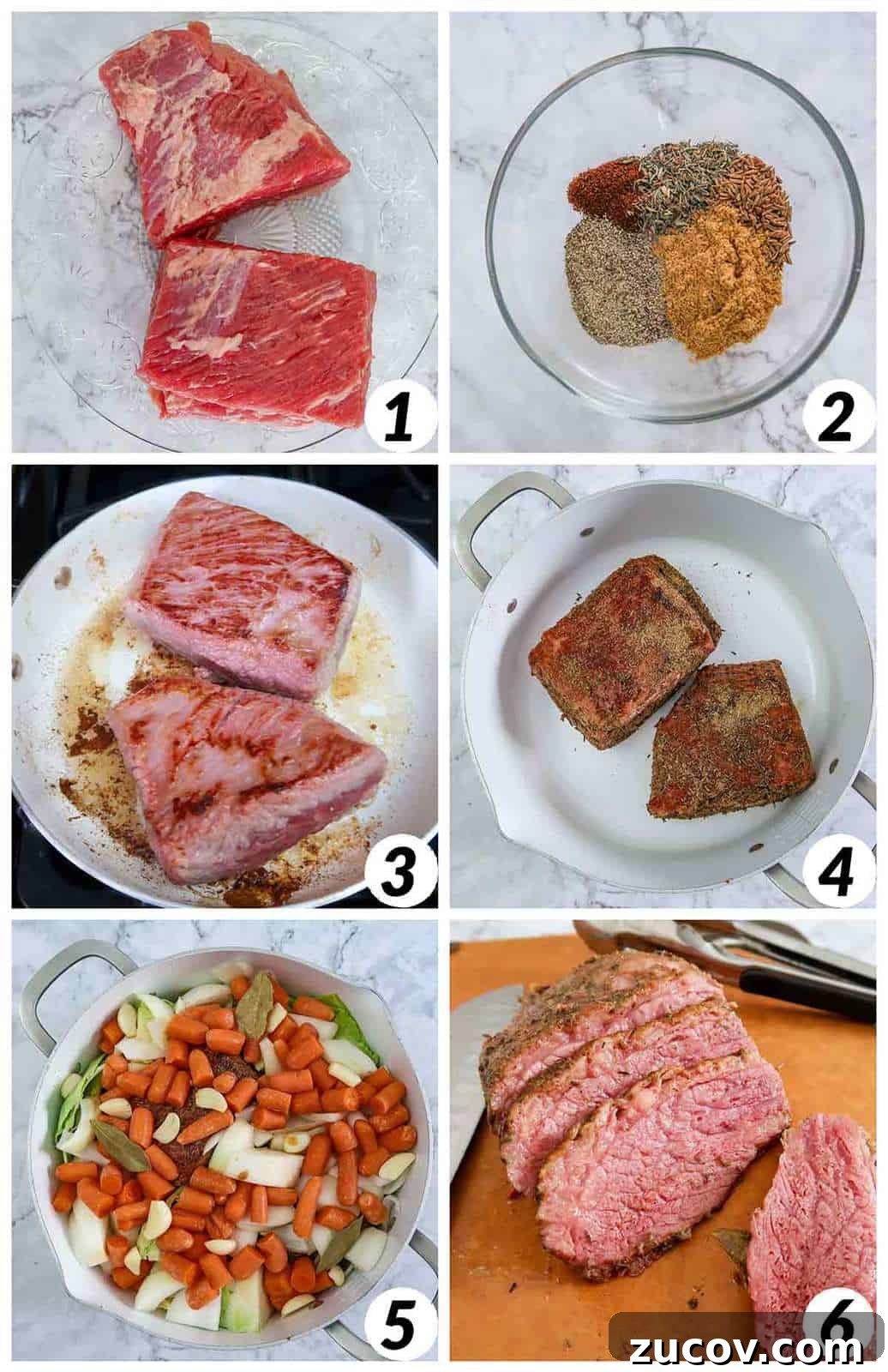 Irish Braised Corned Beef with Cabbage Recipe for St. Patrick’s Day 4 Six panel collage of process shots- mixing spices, and combining with other ingredients over heat.