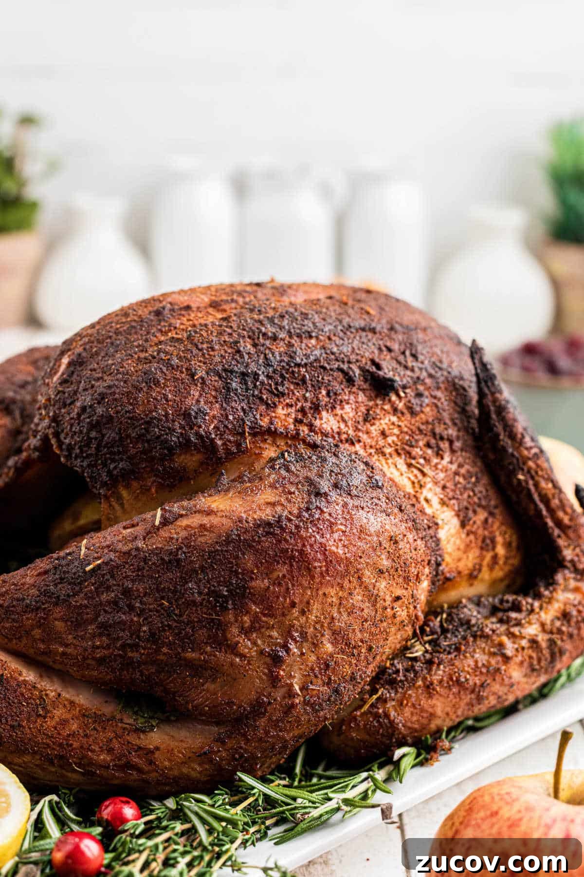 Savory Smoked Turkey Rub Recipe for Bold, Crispy Flavor 2 Side shot of a smoked turkey that has been seasoned with a smoked turkey rub recipe.