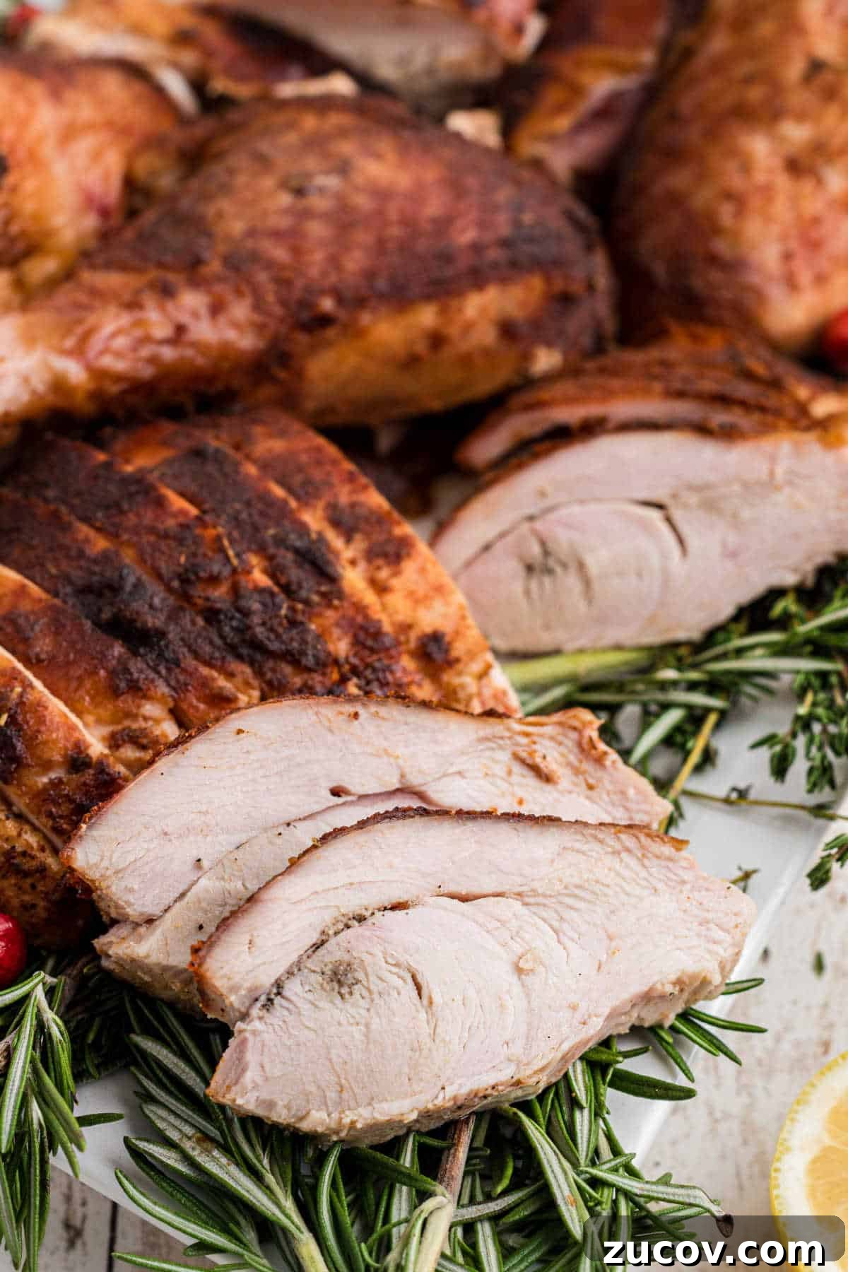Savory Smoked Turkey Rub Recipe for Bold, Crispy Flavor 8 Sliced turkey that has been cooked using a smoked turkey rub recipe.