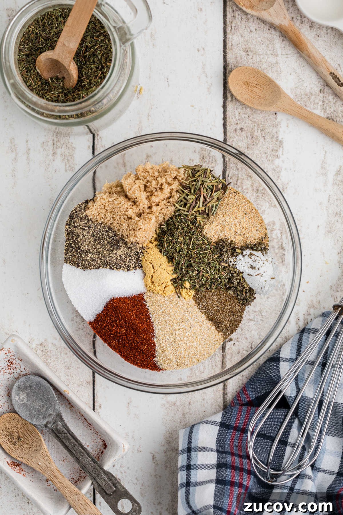 Savory Smoked Turkey Rub Recipe for Bold, Crispy Flavor 4 A glass bowl with a lot of different spices about to be mixed together.