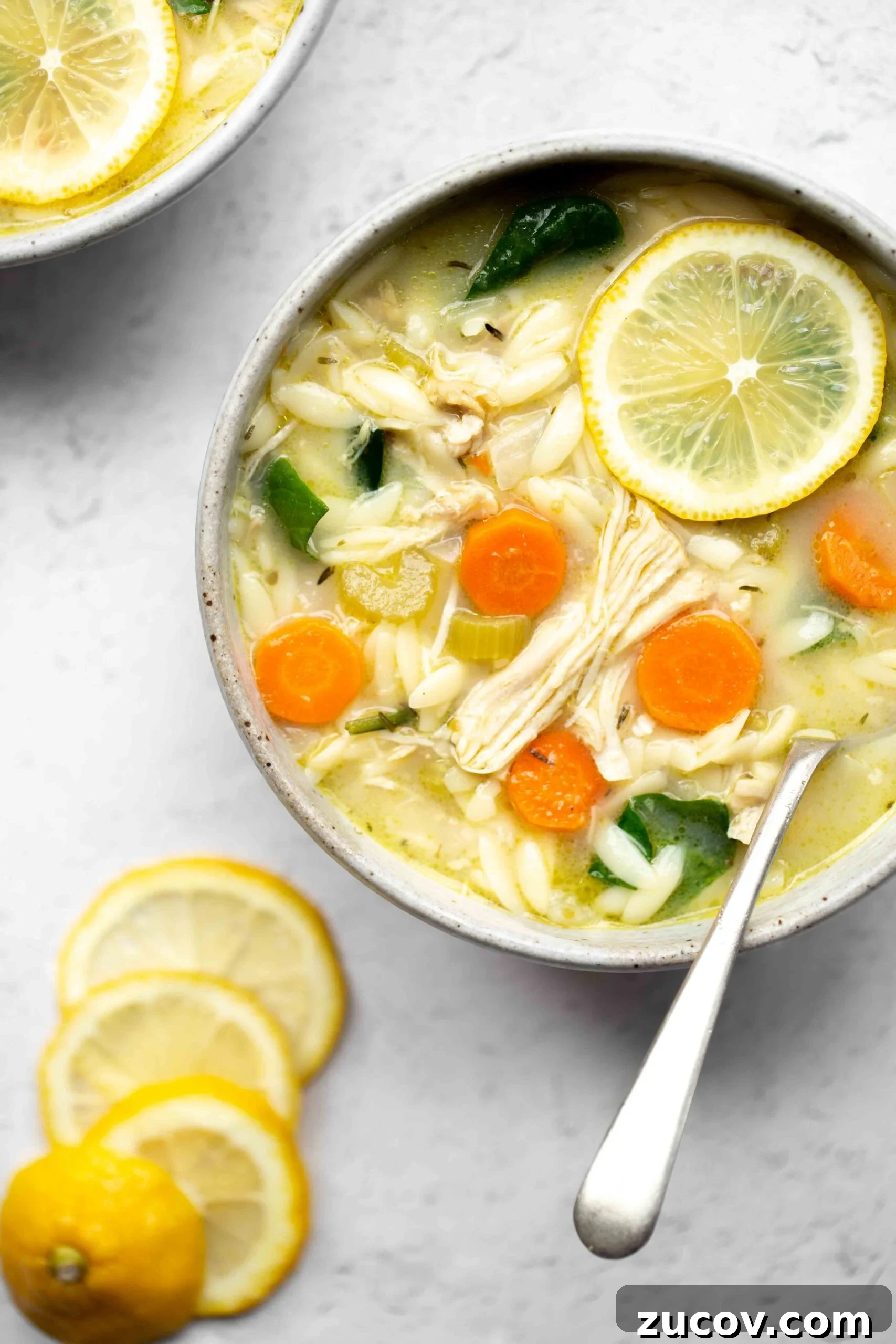 Instant Pot Lemon Chicken Soup Recipe for Quick Comfort 2 overhead photo of a bowl of instant pot lemon chicken soup with orzo on a light background