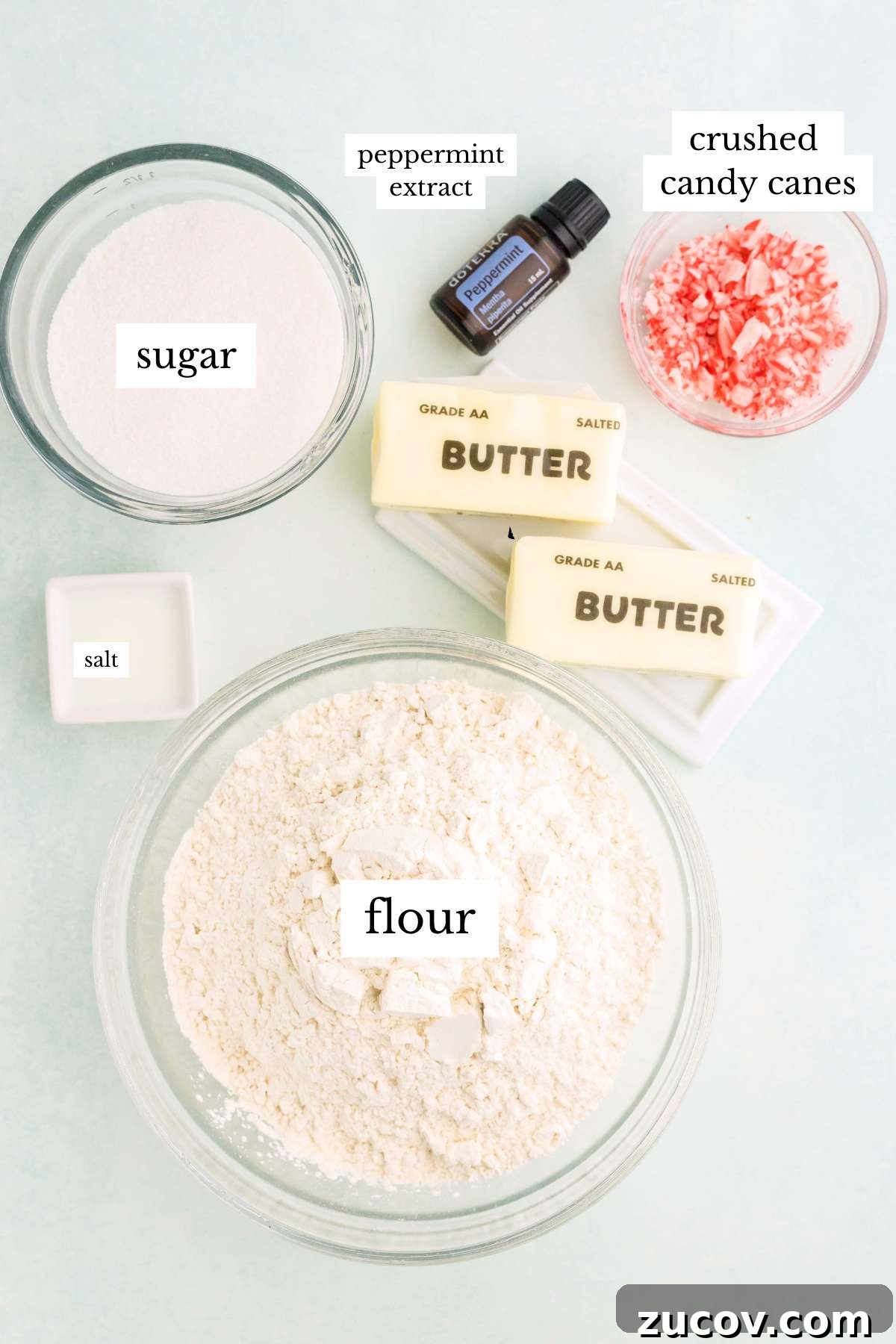 Peppermint Shortbread Cookies with White Chocolate Drizzle Recipe 3 Bowls of flour, sugar, butter, candy canes, and peppermint extract.