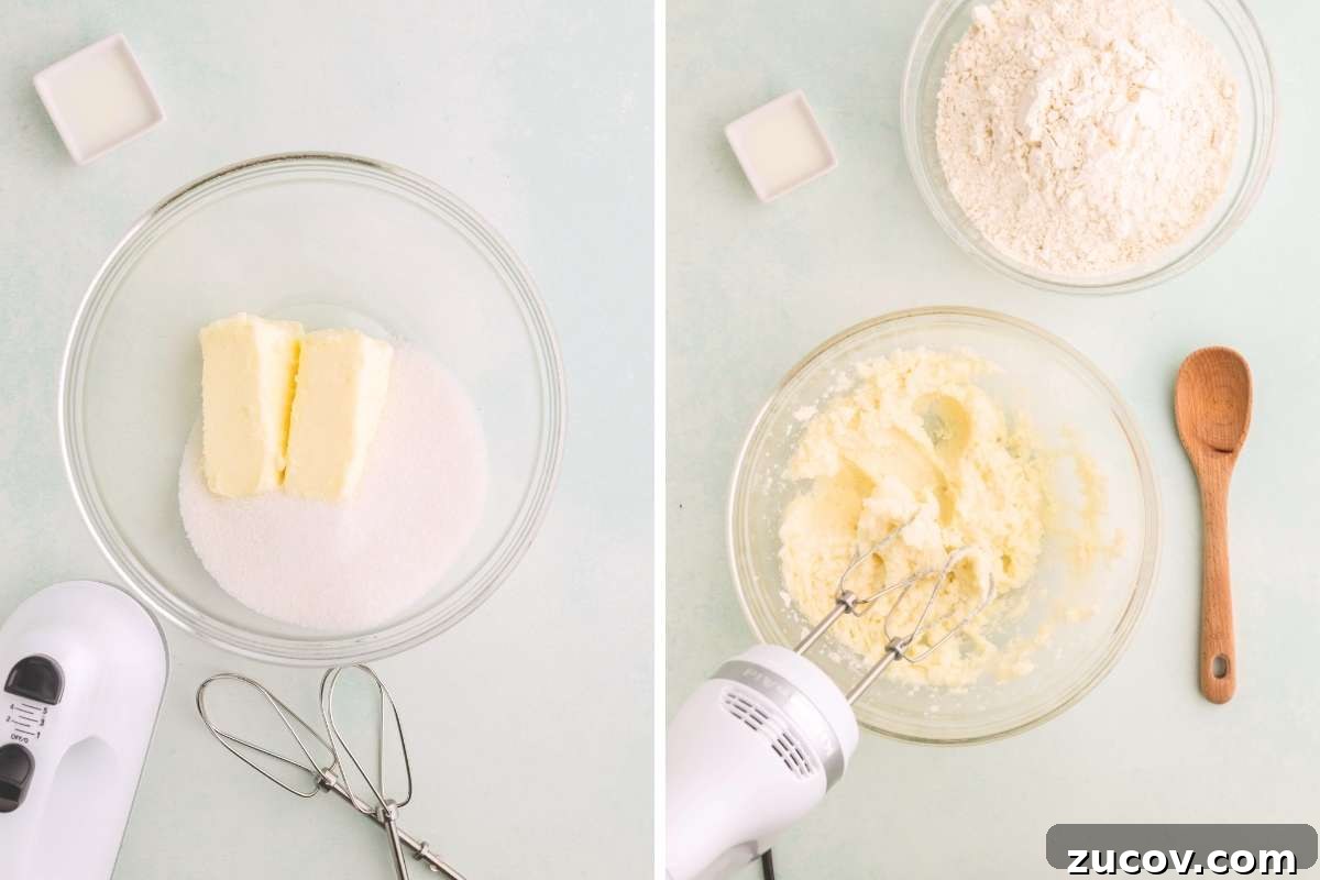 Peppermint Shortbread Cookies with White Chocolate Drizzle Recipe 4 Butter and sugar in a bowl beside a hand mixer.