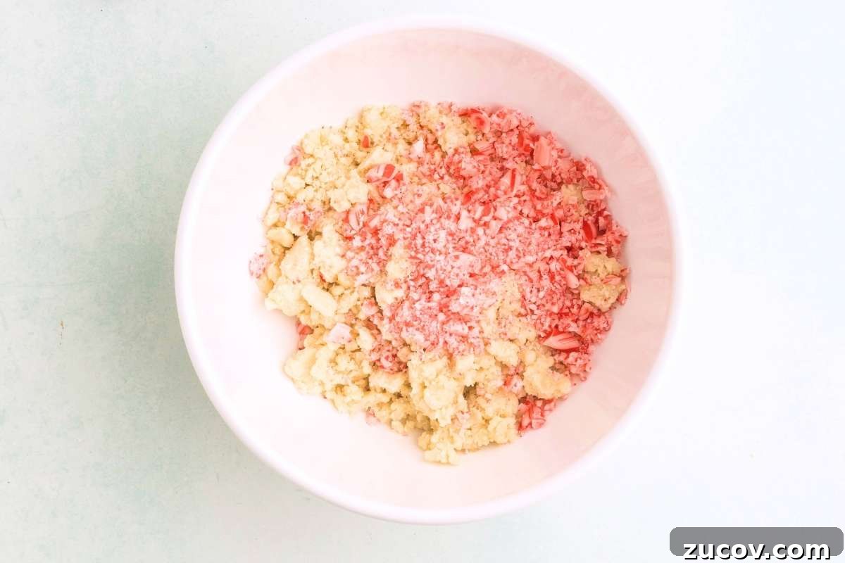 Peppermint Shortbread Cookies with White Chocolate Drizzle Recipe 6 Shortbread dough mixed with crushed candy canes in a bowl.
