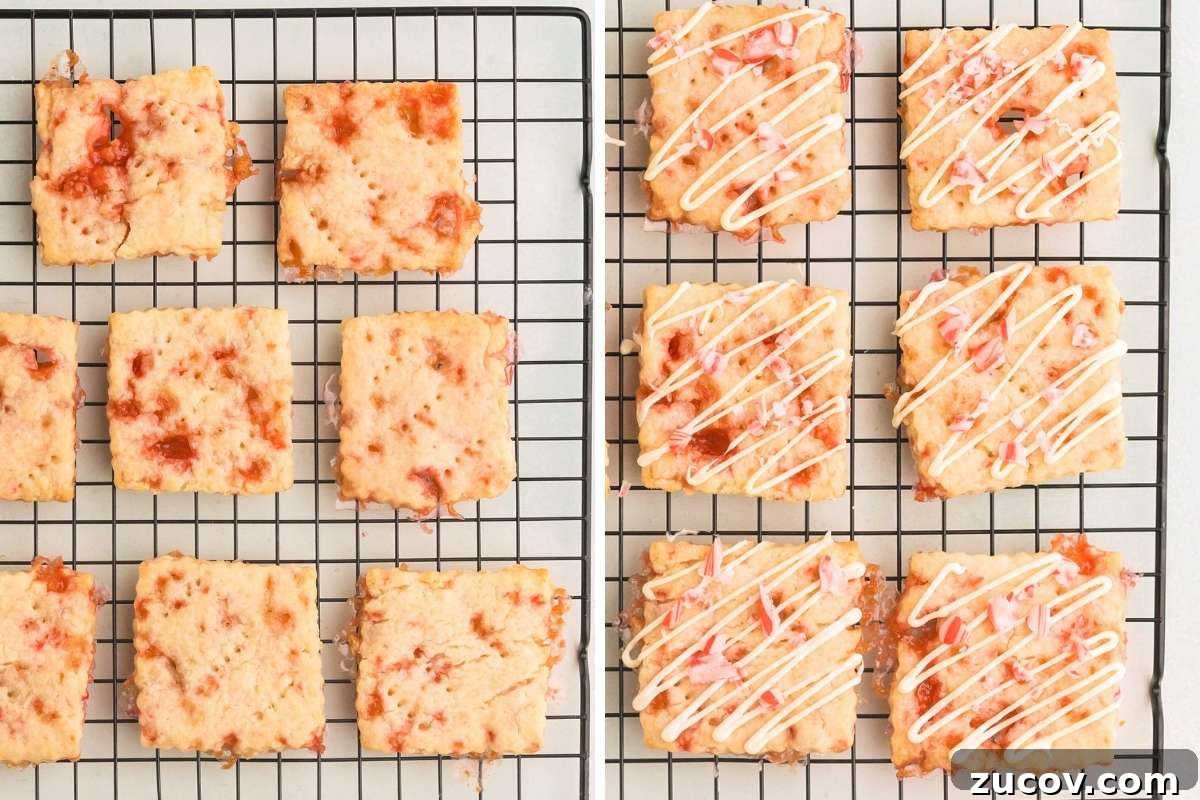 Peppermint Shortbread Cookies with White Chocolate Drizzle Recipe 9 Baked cookies on a rack, drizzled with white chocolate and candy pieces.