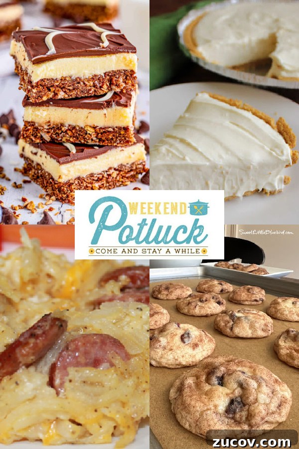 Sausage and Potato Country Casserole — Weekend Potluck 515 2 Weekend Potluck collage photo showing the 4 featured recipes this week - Sausage and Potato Country Casserole, No Bake Cheesecake with Condensed Milk, Nanaimo Bars and Cranberry Cream Cheese Snickerdoodles.