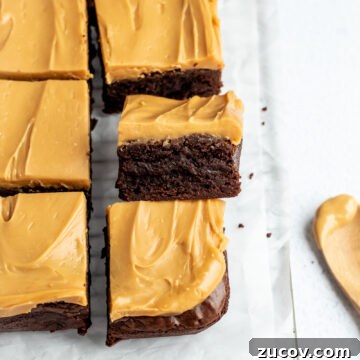 Salted Caramel White Chocolate Brownies: Gooey Brownie Recipe 8 Brownie squares frosted with caramelized white chocolate.