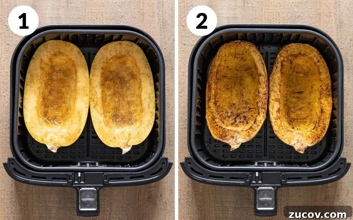 Crispy Air Fryer Spaghetti Squash Recipe — Quick & Flavorful 4 spaghetti squash cut-side up in air fryer basket