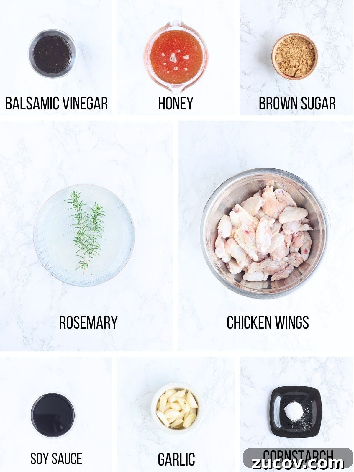 Sticky Honey Garlic Chicken Wings Recipe for Crispy Oven-Baked Wings 3 Collage of ingredients needed to make honey garlic chicken wings.
