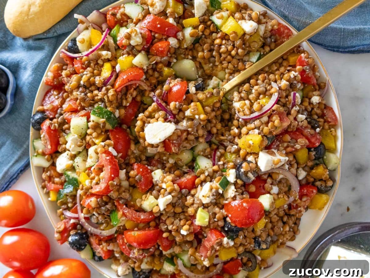 25 Affordable Recipes That Taste Gourmet on a Budget 3 Healthy Greek lentil salad ready to serve with fresh vegetables and creamy feta.