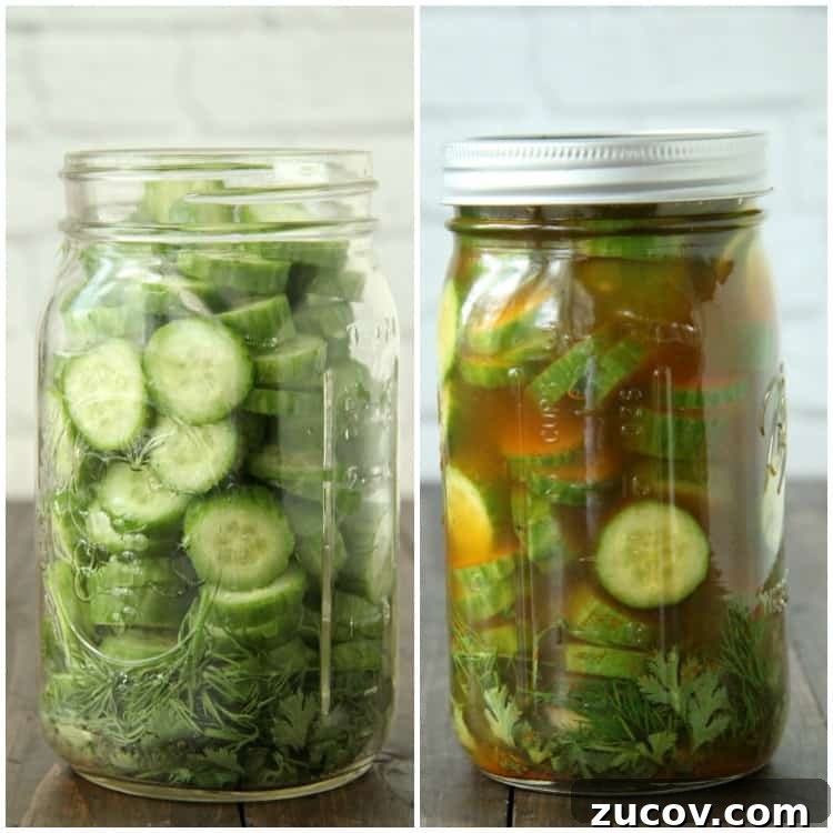 Mexican Refrigerator Pickles - easy Mexican pickle recipe made in the refrigerator overnight with no canning. Mexican Refrigerator Pickles in jars before and after adding spices