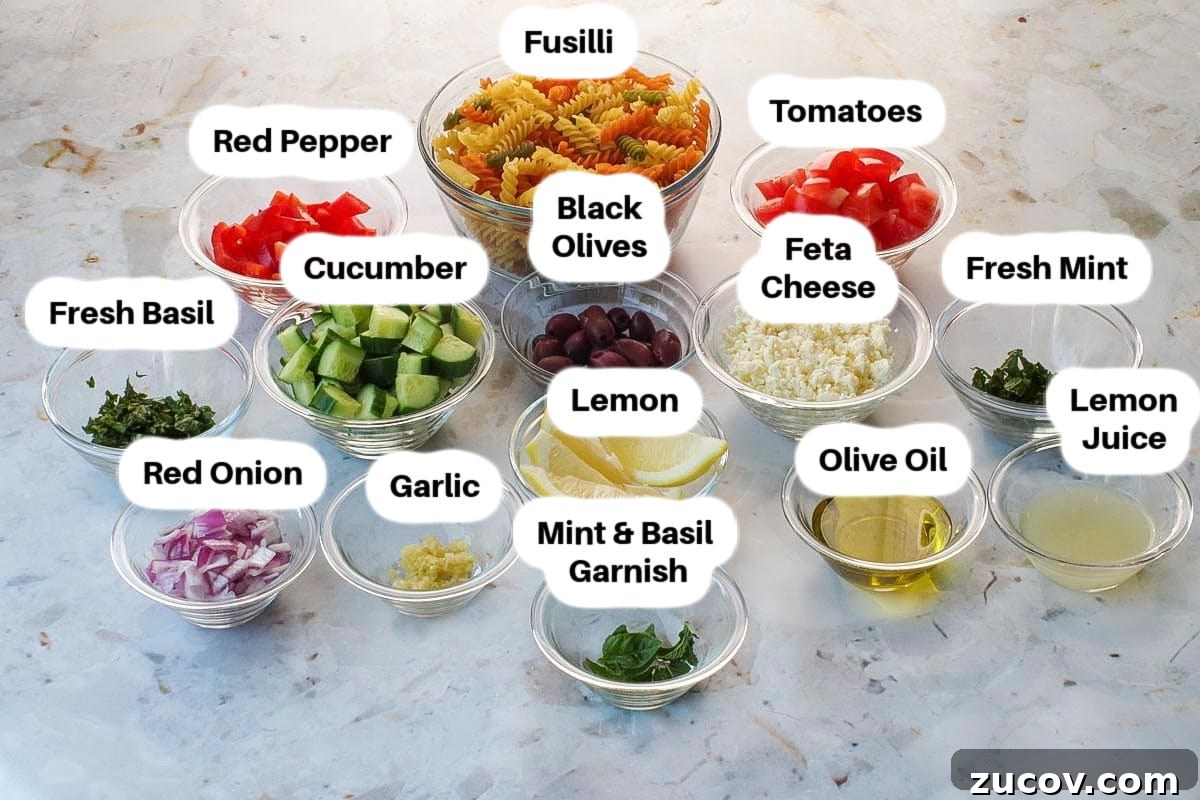 Greek Pasta Salad for Potlucks: Fresh Mediterranean Recipe 4 Ingredients in Healthy Greek Pasta Salad (labelled)