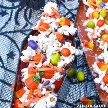 monster munch popcorn mix in a coffin shaped treat container