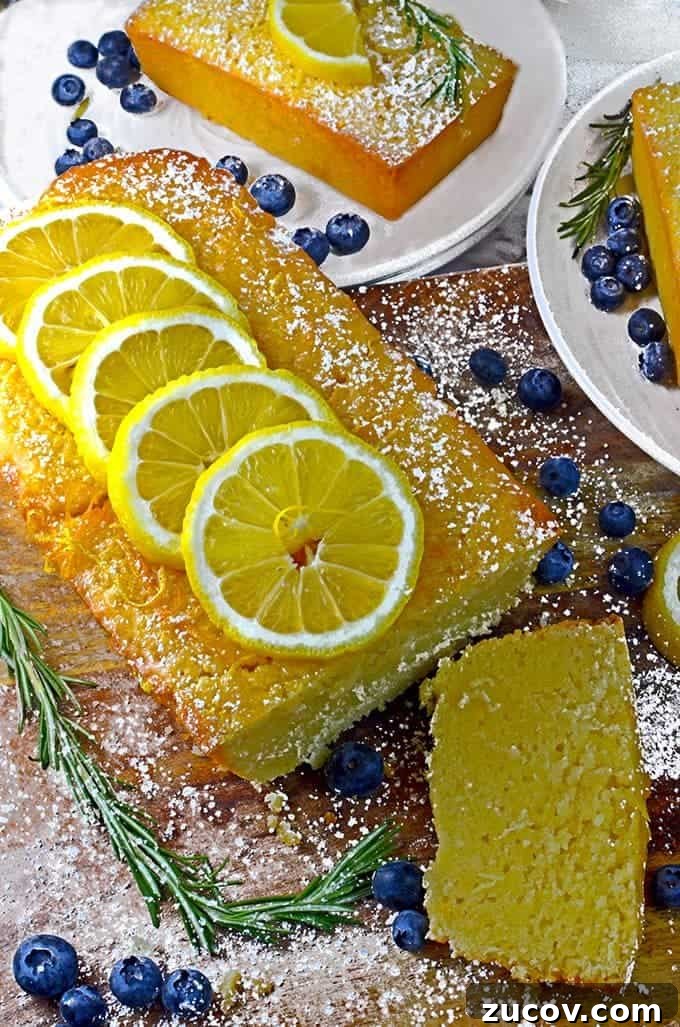 Rosemary Lemon Loaf with Silky Lemon Icing 7 Garnish the lemon loaf cake recipe with fresh lemons, blueberries, and springs of rosemary.