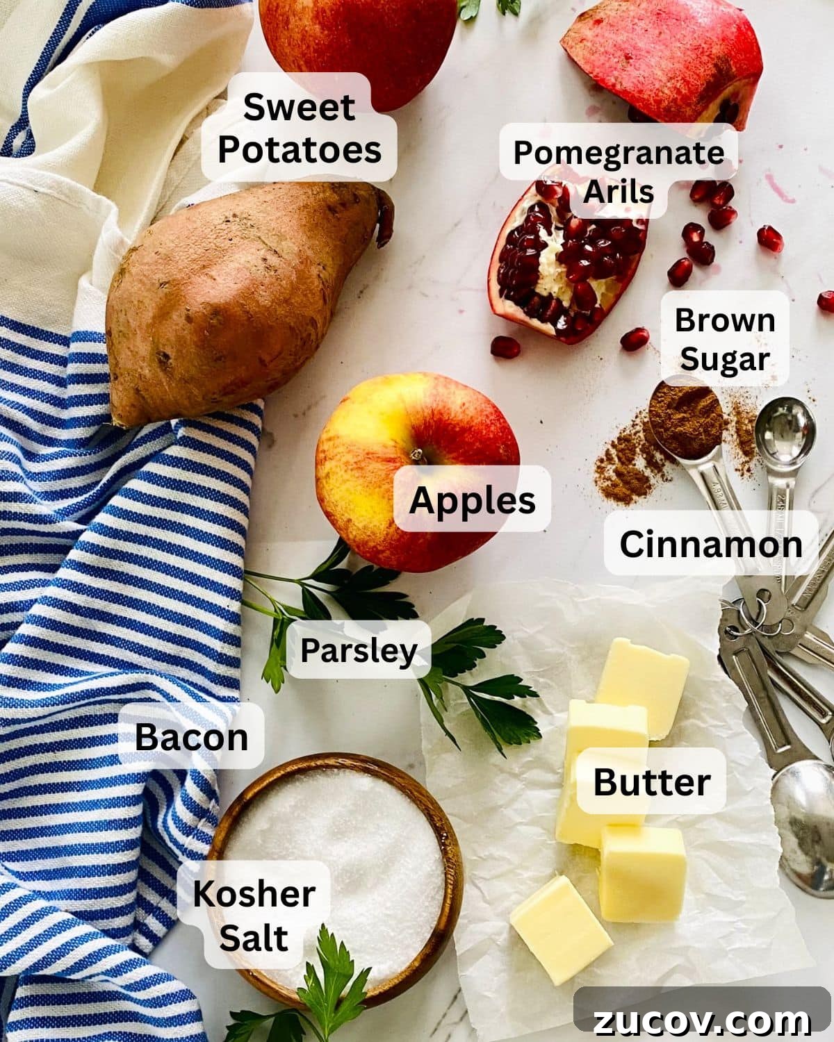 Apple and Bacon Stuffed Sweet Potatoes: Savory Autumn Recipe 3 Sweet potatoes, apples, butter, parsley, pomegranate, brown sugar.