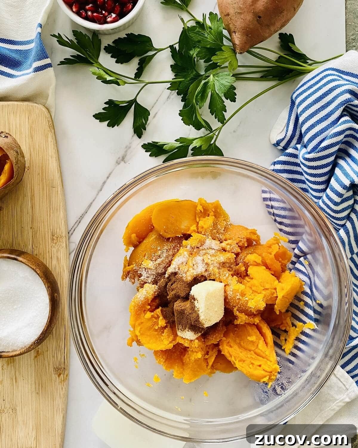 Apple and Bacon Stuffed Sweet Potatoes: Savory Autumn Recipe 6 Mashed sweet potato with butter, brown sugar and cinnamon.