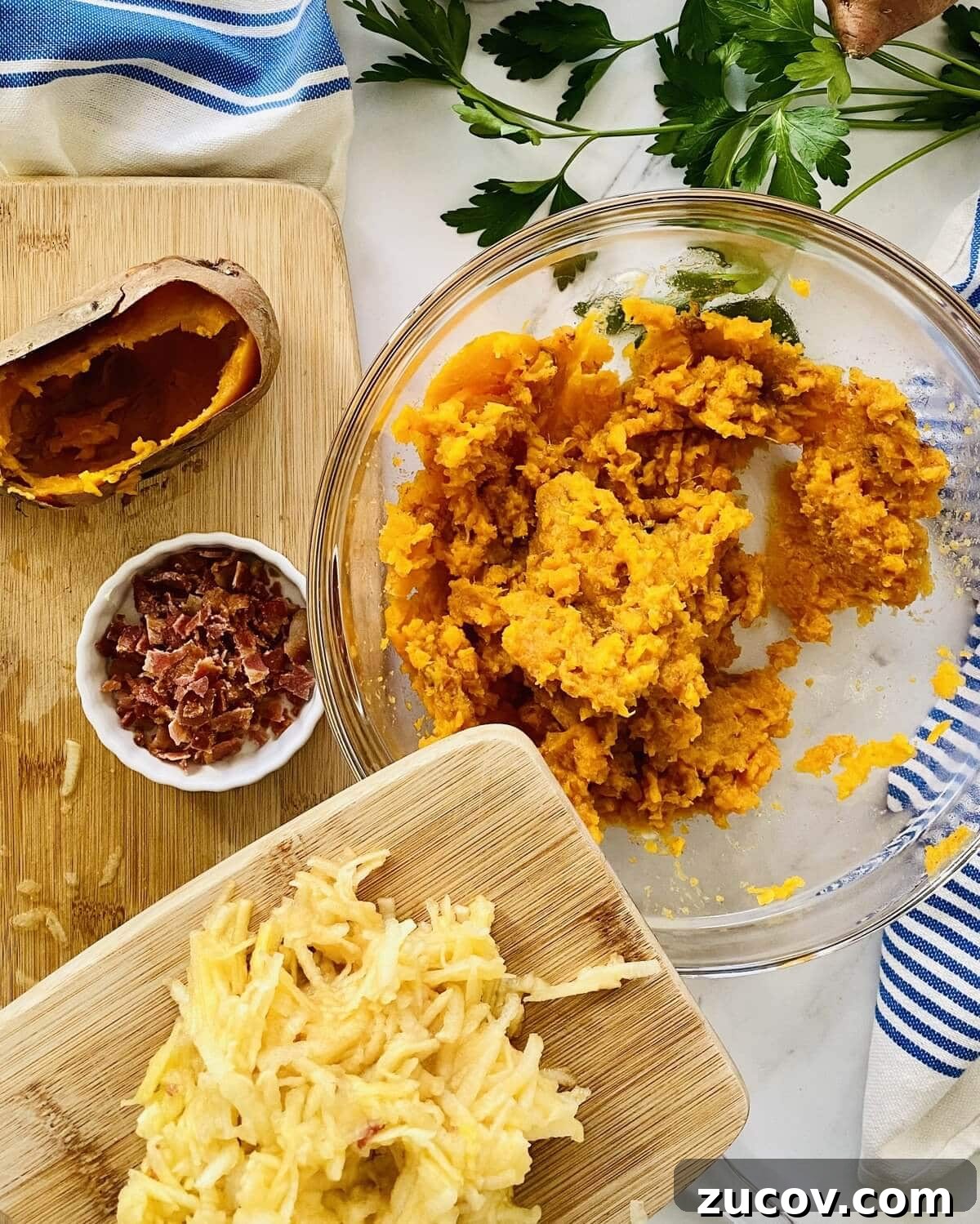 Apple and Bacon Stuffed Sweet Potatoes: Savory Autumn Recipe 7 Shredded apple, crumbled bacon and mashed sweet potato.