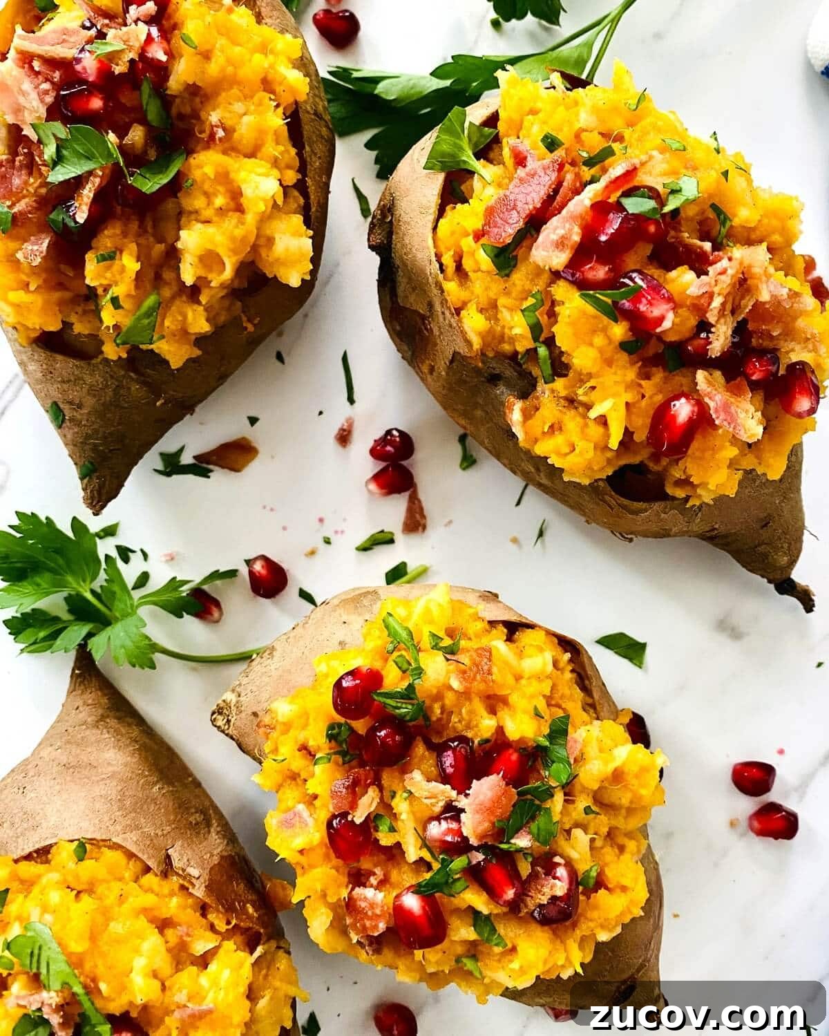 Apple and Bacon Stuffed Sweet Potatoes: Savory Autumn Recipe 9 Baked and stuffed sweet potatoes with apples.