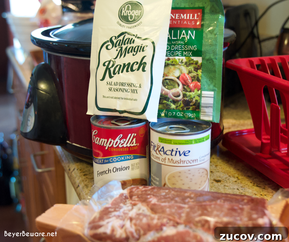 Slow-Cooker Cube Steak in French Onion Gravy 3 Crock pot beef cubed steak with gravy is a simple recipe that combines ranch and Italian seasoning and cream of mushroom soup and French onion soup with mushrooms, onions, and peppers for a tender cubed steak recipe that is perfect over mashed potatoes.