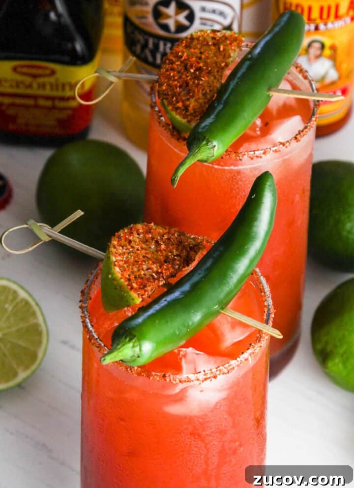 A tall glass filled with michelada garnished with green chili and spice coated lime slice.