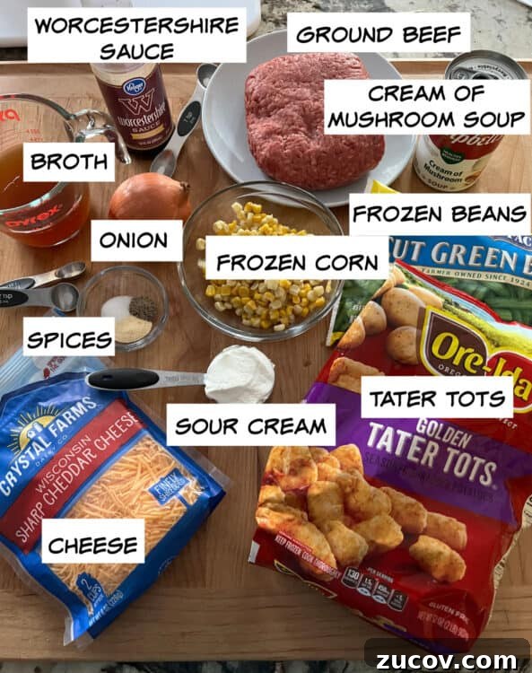Cheesy Tater Tot Casserole Made in the Instant Pot 3 ingredients: ground beef, worcestershire sauce, cream of mushroom soup, onion, broth, beans, corn, spices, cheese, sour cream, tater tots.