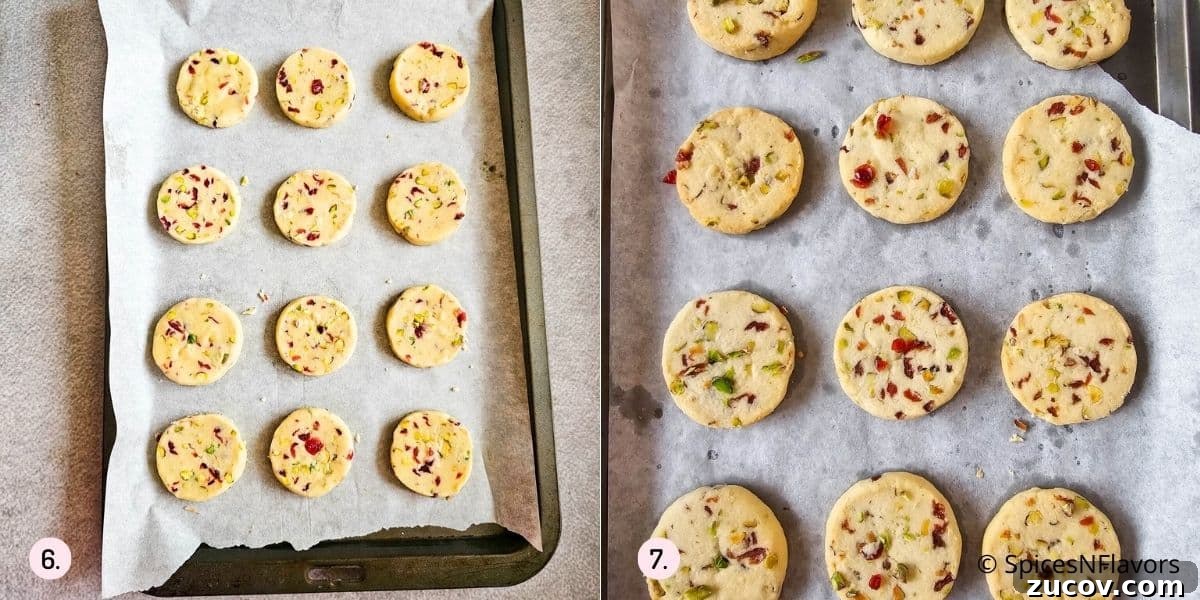 Cranberry Pistachio Shortbread Cookies (Egg-Free) 7 before baked and after baked images of cranberry pistachio shortbread cookies