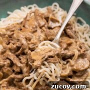 Beef stroganoff over low carb noodle in a green bowl.