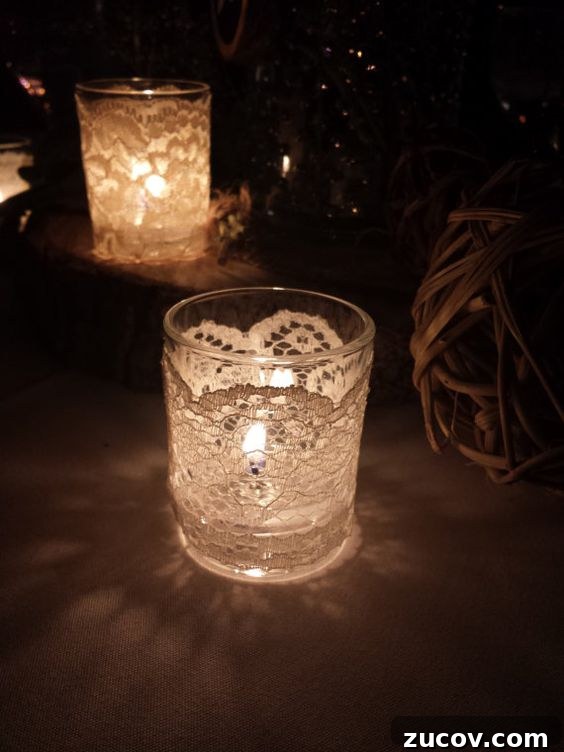 DIY Lattice Lace Candles with a lit flame