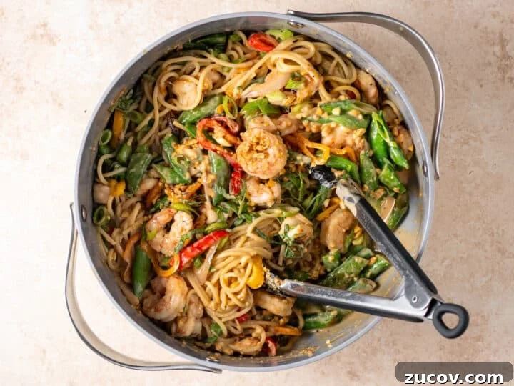 Finished peanut noodles with shrimp tossed with vegetables, green onions, and peanuts