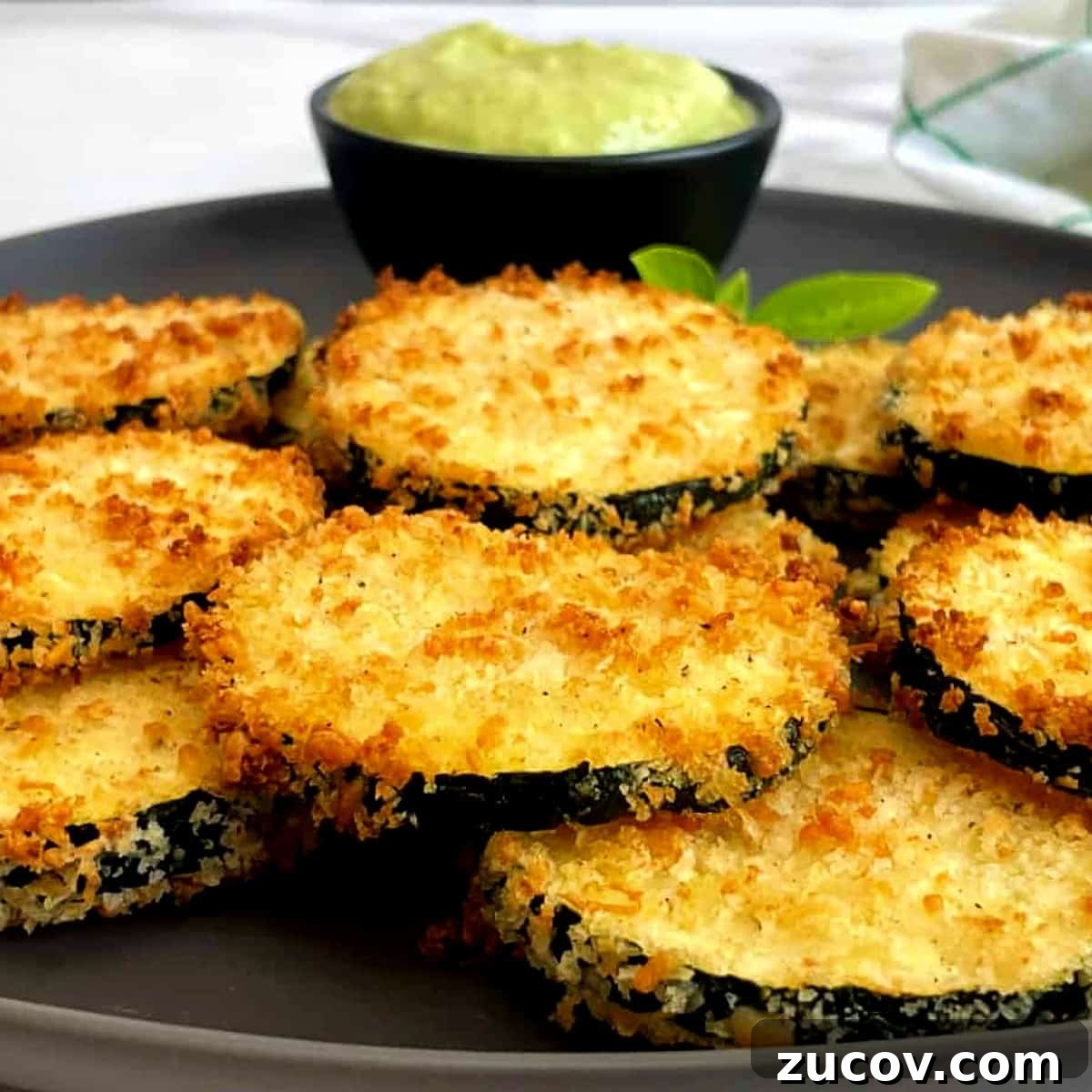 Crispy Air Fryer Zucchini Chips Recipe 2 fried zucchini cooked in the air fryer and avocado ranch sauce